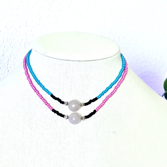 Adjustable 2 strand seed bead & quartz beaded choker necklace, 13" - 17" - Picture 7 of 8